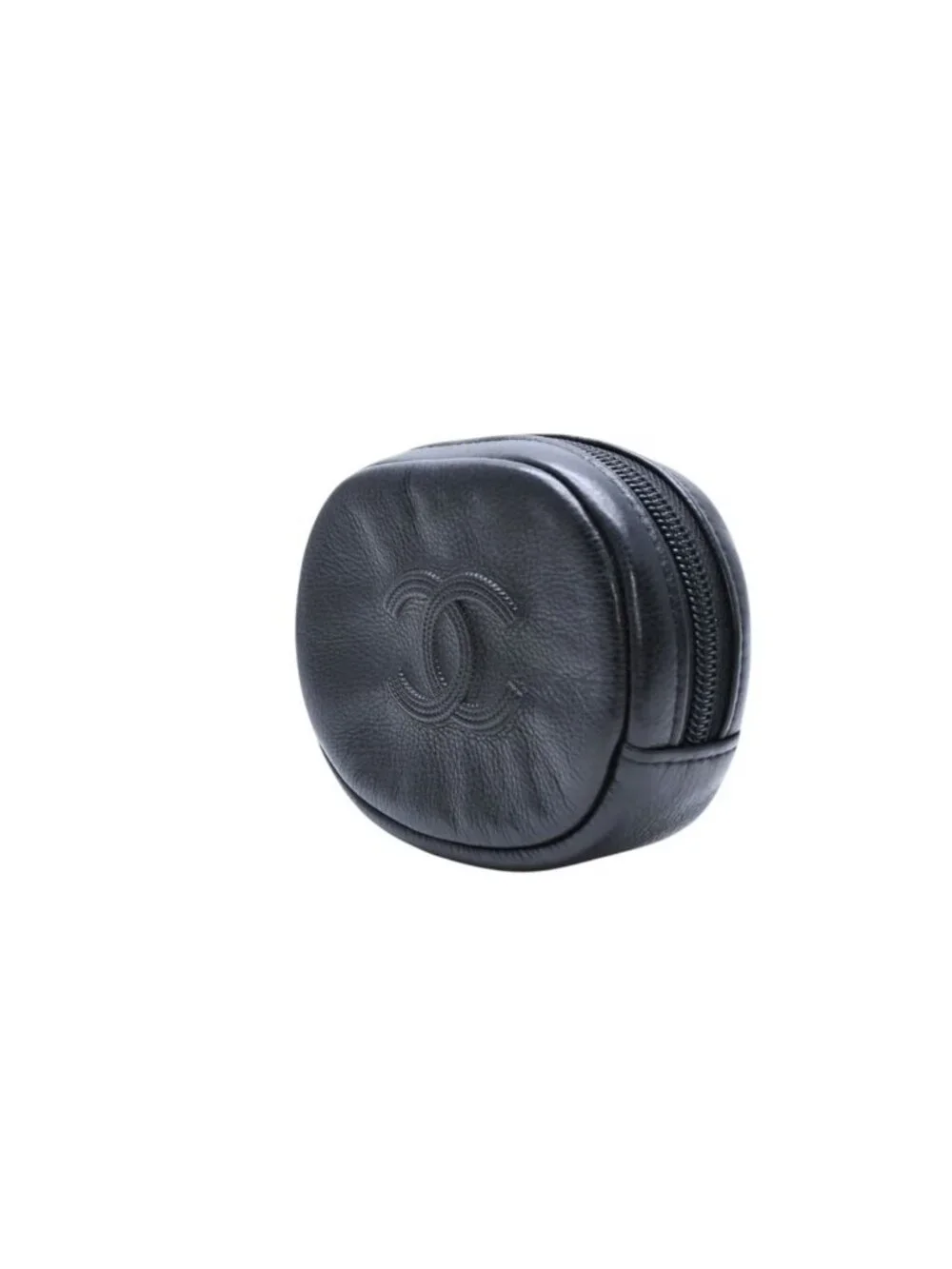 Chanel Coin Purse CC Logo Round Leather Black Gold